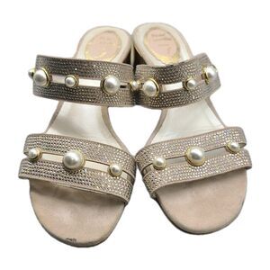 Rene Caovilla Pearl Embellished Sandals Slide Size 7 /37 Gold Block Heel Italy